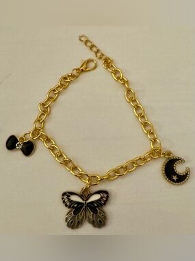 Gold-Tone Butterfly Charm Bracelet with Black Accents
